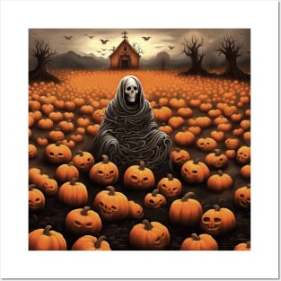 Skeleton Ghost And Creepy Pumpkin Patch Of Jack O Lanterns Posters and Art